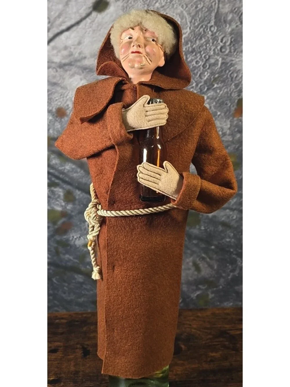 Vtg Folk Art Handmade Monk Doll Bottle Cover Wine Liquor 15